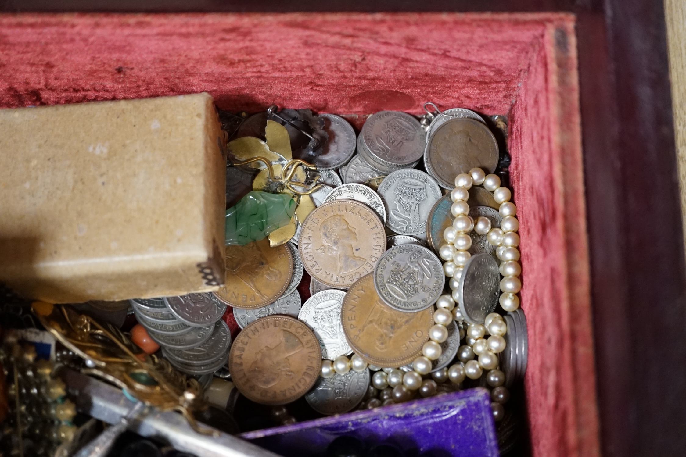 A large quantity of assorted Victorian and later mainly costume jewellery, including necklaces, watches, coins etc. Condition - poor to fair to good